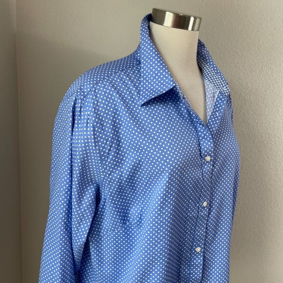 Chaps Womens Plus 2X Blue Polka Dot No Iron Button Up Shirt Blouse - Picture 2 of 9